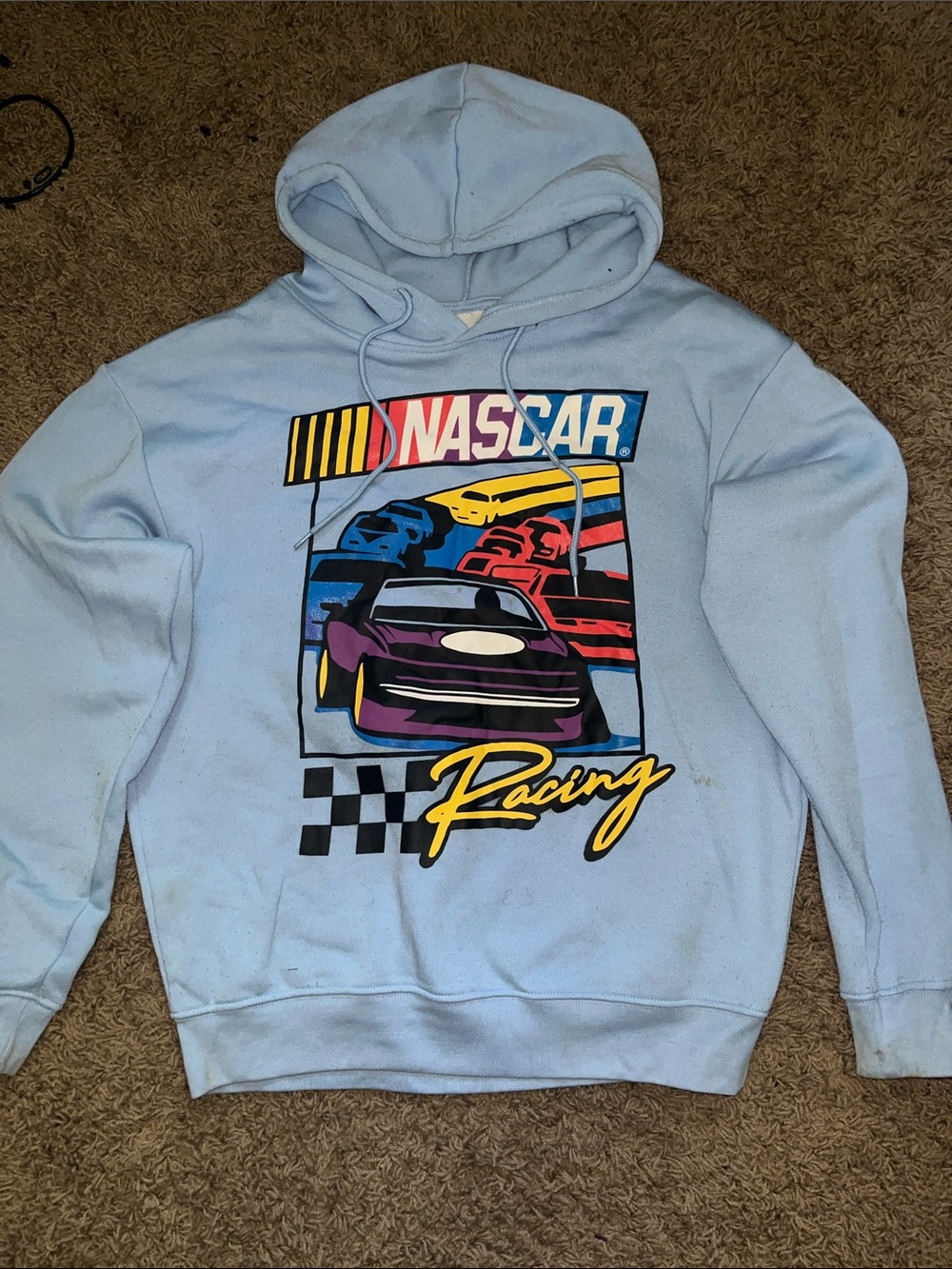 Nascar Light Blue Crewneck Sweatshirt with Multicolor Racing Graphic